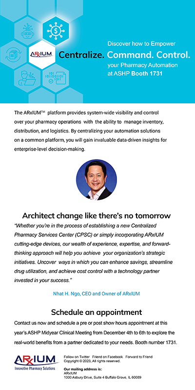 ARxIUMGroup's tweet photo. ARxIUM – 2023 ASHP MidYear Meeting

Visit us at this year’s ASHP MidYear Meeting, Booth 1731 and see how ARxIUMᵀᴹ is innovating for the future

#FastFill #VialFiller #Pharmacies #AutomatedDispensingCabinet #InventoryManagement #IVCompounding #ASHP #GameChanger https://t.co/74xTvauO8q