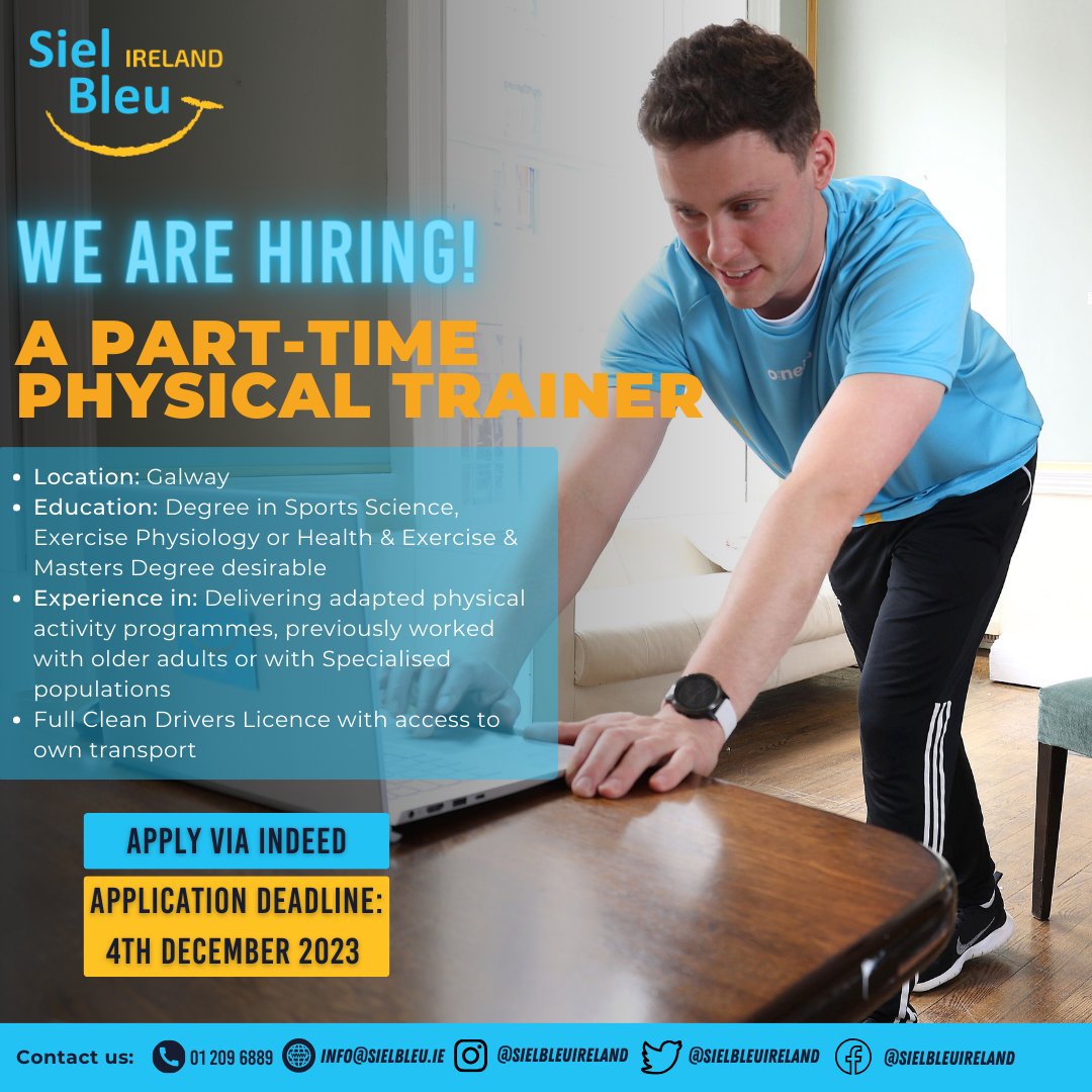 Galway, we need a part-time trainer! Siel Bleu Ireland is looking for health and wellness experts that enjoy changing the lives of specialised groups through physical activity! To learn more about the position, visit: ie.indeed.com/job/physical-t…