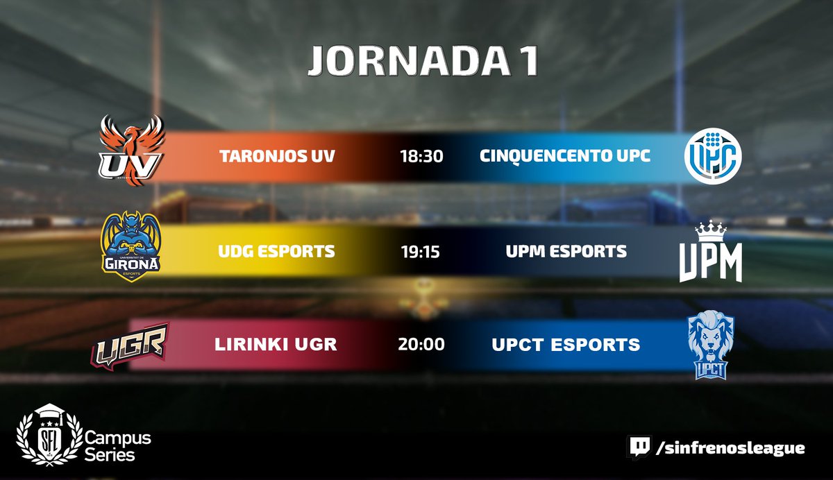 Havefungamers (@havefungamers) on Twitter photo 👨🎓JORNADA 1 #SFLCampusSeries👩🎓
⚔️#TaronjoS <a href="/UV_EG/">Universitat València</a>🆚#Cinquecento <a href="/la_UPC/">Universitat Politècnica de Catalunya (UPC)</a>
⚔️<a href="/univgirona/">Universitat de Girona</a>🆚<a href="/La_UPM/">Universidad Politécnica de Madrid</a>
⚔️#Lirinki <a href="/CanalUGR/">Universidad Granada</a>🆚<a href="/UPCTEsports/">UPCT Esports</a>
Descansa➡️<a href="/petankos/">Petankos</a> <a href="/uclm_es/">Universidad de Castilla-La Mancha</a>
🎙️<a href="/Moowette/">Moowette</a> & <a href="/La_Baticao/">Bati</a>
📺twitch.tv/sinfrenosleague 👨🎓JORNADA 1 #SFLCampusSeries👩🎓
⚔️#TaronjoS <a href="/UV_EG/">Universitat València</a>🆚#Cinquecento <a href="/la_UPC/">Universitat Politècnica de Catalunya (UPC)</a>
⚔️<a href="/univgirona/">Universitat de Girona</a>🆚<a href="/La_UPM/">Universidad Politécnica de Madrid</a>
⚔️#Lirinki <a href="/CanalUGR/">Universidad Granada</a>🆚<a href="/UPCTEsports/">UPCT Esports</a>
Descansa➡️<a href="/petankos/">Petankos</a> <a href="/uclm_es/">Universidad de Castilla-La Mancha</a>
🎙️<a href="/Moowette/">Moowette</a> & <a href="/La_Baticao/">Bati</a>
📺twitch.tv/sinfrenosleague