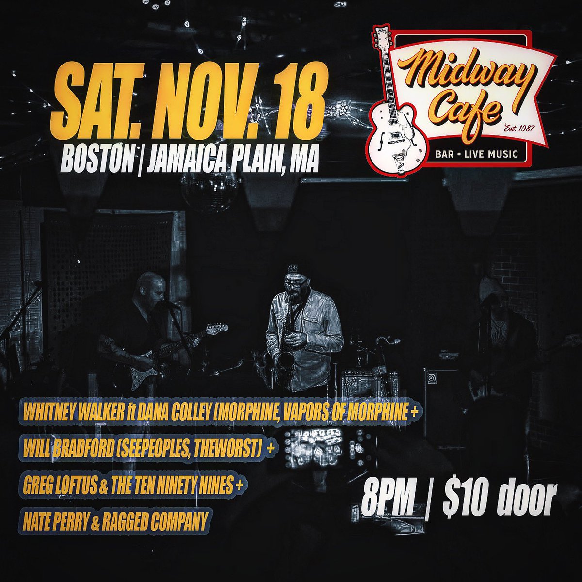 SeepeopleS (@seepeeps) on Twitter photo Pls join me in and <a href="/sparxsea/">SPARXSEA</a> in #Boston #jamaicaplain when we open for <a href="/wwalkerband/">Whitney Walker</a> ft. <a href="/colley_dana/">Dana Colley</a> of @vaporsMORPHINE MORPHINE + <a href="/GregLoftus/">Greg Loftus</a> & Nate Perry & Ragged Co. At the <a href="/themidwayjp/">The Midway</a> 8pm sharp - no adv tix, $10 at the door (21+)
Address | Info at MidwayCafe.com Pls join me in and <a href="/sparxsea/">SPARXSEA</a> in #Boston #jamaicaplain when we open for <a href="/wwalkerband/">Whitney Walker</a> ft. <a href="/colley_dana/">Dana Colley</a> of @vaporsMORPHINE MORPHINE + <a href="/GregLoftus/">Greg Loftus</a> & Nate Perry & Ragged Co. At the <a href="/themidwayjp/">The Midway</a> 8pm sharp - no adv tix, $10 at the door (21+)
Address | Info at MidwayCafe.com
