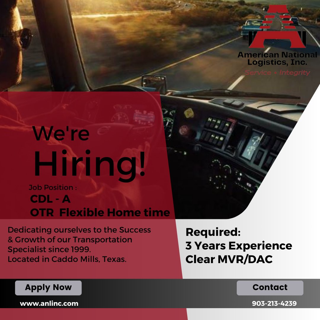 ANLogisticsInc's tweet photo. American National Logistics: Where the road meets dedication! Looking for Competitive Compensation, Consistent Freight, and Flexible Home Time? Look no further! Our commitment to our Road Warriors sets us apart. Recruiting Department directly at 903-213-4239. https://t.co/DvnsKuZtQf