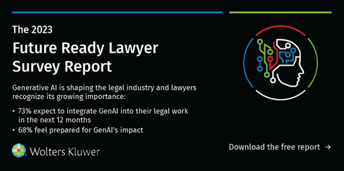 The disruptive impact of Generative AI is growing in the legal industry and is expected to change the way lawyers work. Learn more in the 2023 Future Ready Lawyer Survey report from Wolters Kluwer: ow.ly/ytEQ50Q8w3E #legaltech #legaltrends #futurereadylawyer #generativeAI
