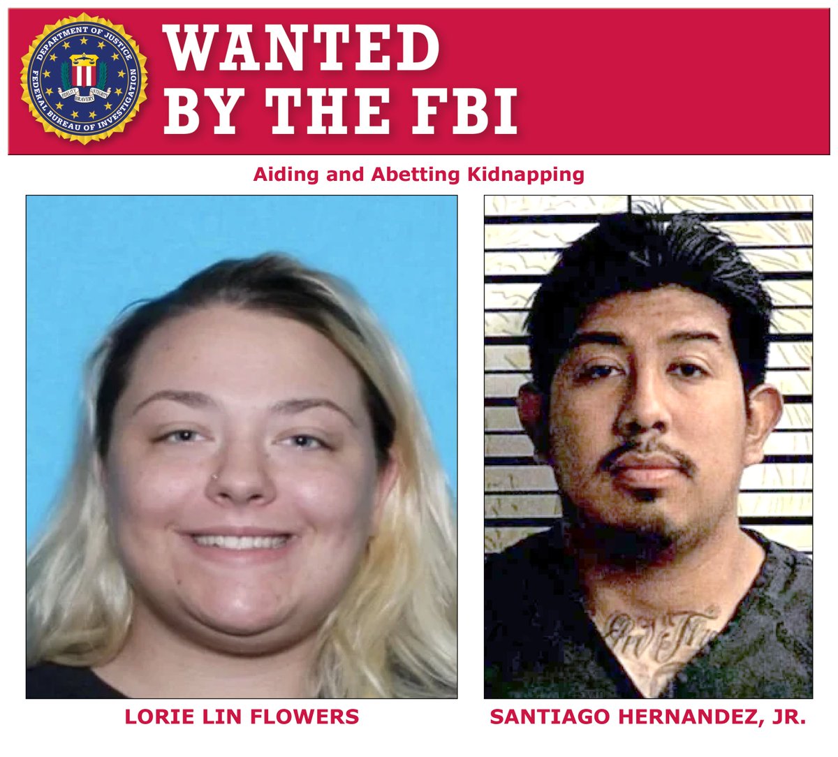 The #FBI offers a reward of up to $25,000 for info leading to the arrest & conviction of Lorie Lin Flowers and Santiago Hernandez, Jr., wanted for their alleged participation in the violent kidnapping of 3 people in Brookshire, TX, on March 18, 2023. fbi.gov/wanted/additio…