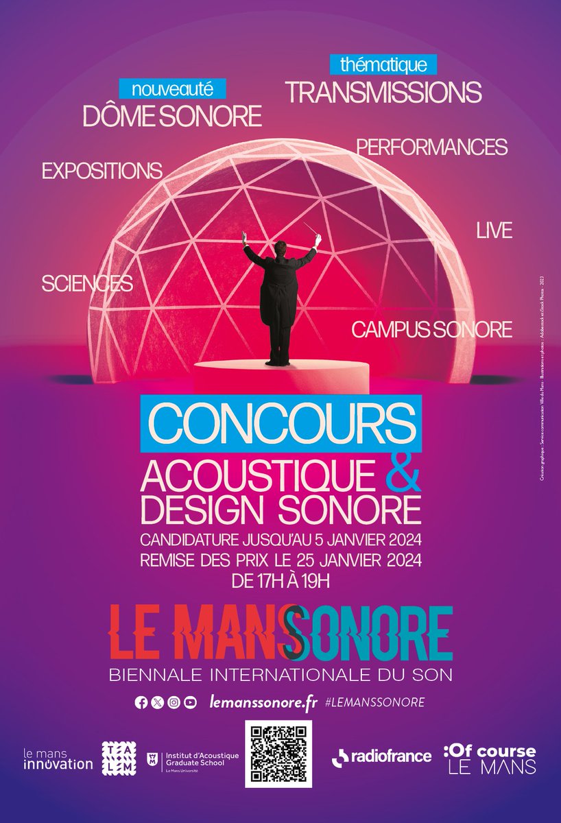 Concours <a href="/lemanssonore/">lemanssonore</a> La recherche et l’innovation seront valorisées par le biais de la création artistique dans les domaines de l’#acoustique et du #design avec nos partenaires <a href="/ESADTALM/">École supérieure d'art et de design TALM</a> <a href="/IAGSLeMans/">Institut d'Acoustique Graduate School</a>. Nous rejoint avec un prix spécial "JO Paris 2024" <a href="/radiofrance/">Radio France</a>. Info en lien⤵️
