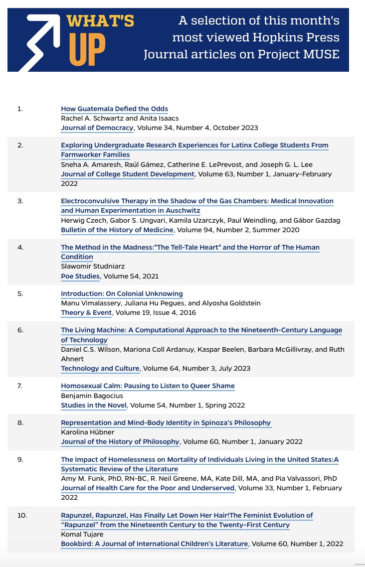 Hopkins Press (@jhupress) on Twitter photo Do you need a little more reading for your holiday season? Catch up on the top ten most-accessed journal articles from October, including pieces from <a href="/JoDemocracy/">Journal of Democracy</a>, <a href="/ACPAJCSD/">Journal of College Student Development</a>, @BHMJournal, <a href="/PoeStudies/">Poe Studies</a>, and much more!
ow.ly/ukns50Q8u8S Do you need a little more reading for your holiday season? Catch up on the top ten most-accessed journal articles from October, including pieces from <a href="/JoDemocracy/">Journal of Democracy</a>, <a href="/ACPAJCSD/">Journal of College Student Development</a>, @BHMJournal, <a href="/PoeStudies/">Poe Studies</a>, and much more!
ow.ly/ukns50Q8u8S