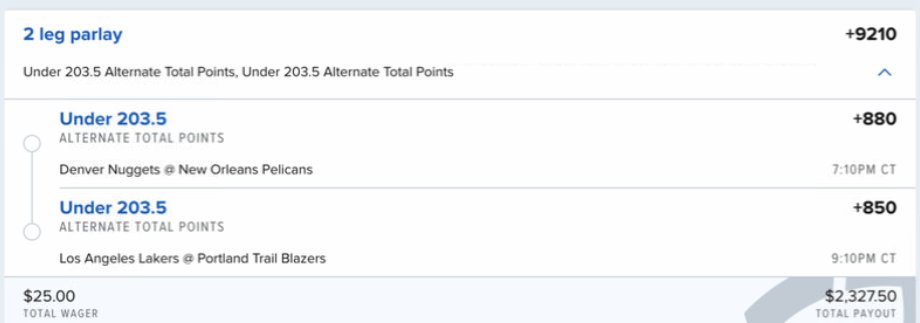 EdgePlayBook's tweet photo. #BetInPublic #100DayOfParlayChallenge #Day50 part 2. Tally after 49 days of betting +$1079.65 #NBA #Bricks🧱 @nuggets @PelicansNBA @Lakers @trailblazers #LowScoring https://t.co/tS4HQbyFEC