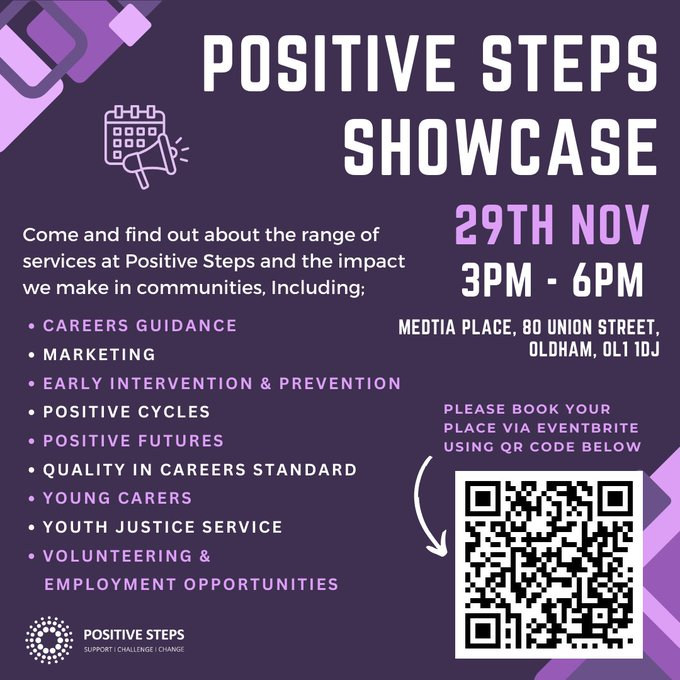 Friday ⏰- we now have 💯 signed up for our showcase.  We're here for professionals to learn more, collaborators to network and community members interested in volunteering and careers.  All welcome with   ☕️ and🍰 <a href="/PositiveSteps/">Positive Steps</a> <a href="/OldhamCouncil/">Oldham Council</a> #partnership #oldhamhour