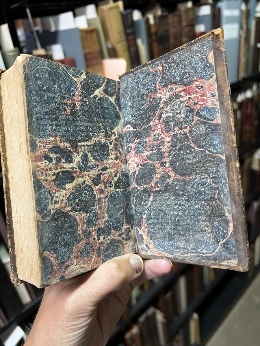 librarycompany's tweet photo. The endpapers on this copy of Thomas Moore's Works (New York, 1821) are over-marbled printer's waste. You know we love over-marbled printer's waste, but we especially love how select words peek through the marbling on this example.
Happy #endoftheweekendpapers! https://t.co/QQqFV92oFr