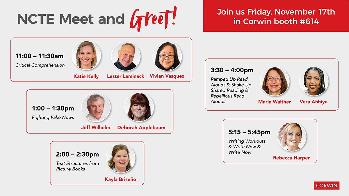 *Attention #NCTE23 attendees! Stop by booth #614 to meet some wonderful Corwin Literacy authors and for a special conference discount on all your favorite titles! @ktkelly14 @lester_laminack <a href="/ReadDRjwilhelm/">Jeffrey Wilhelm</a> <a href="/mariapwalther/">Maria Walther</a> @kayla_briseno <a href="/DrHarperwrites/">Dr. Rebecca G. Harper</a> Insta: thetututeacher