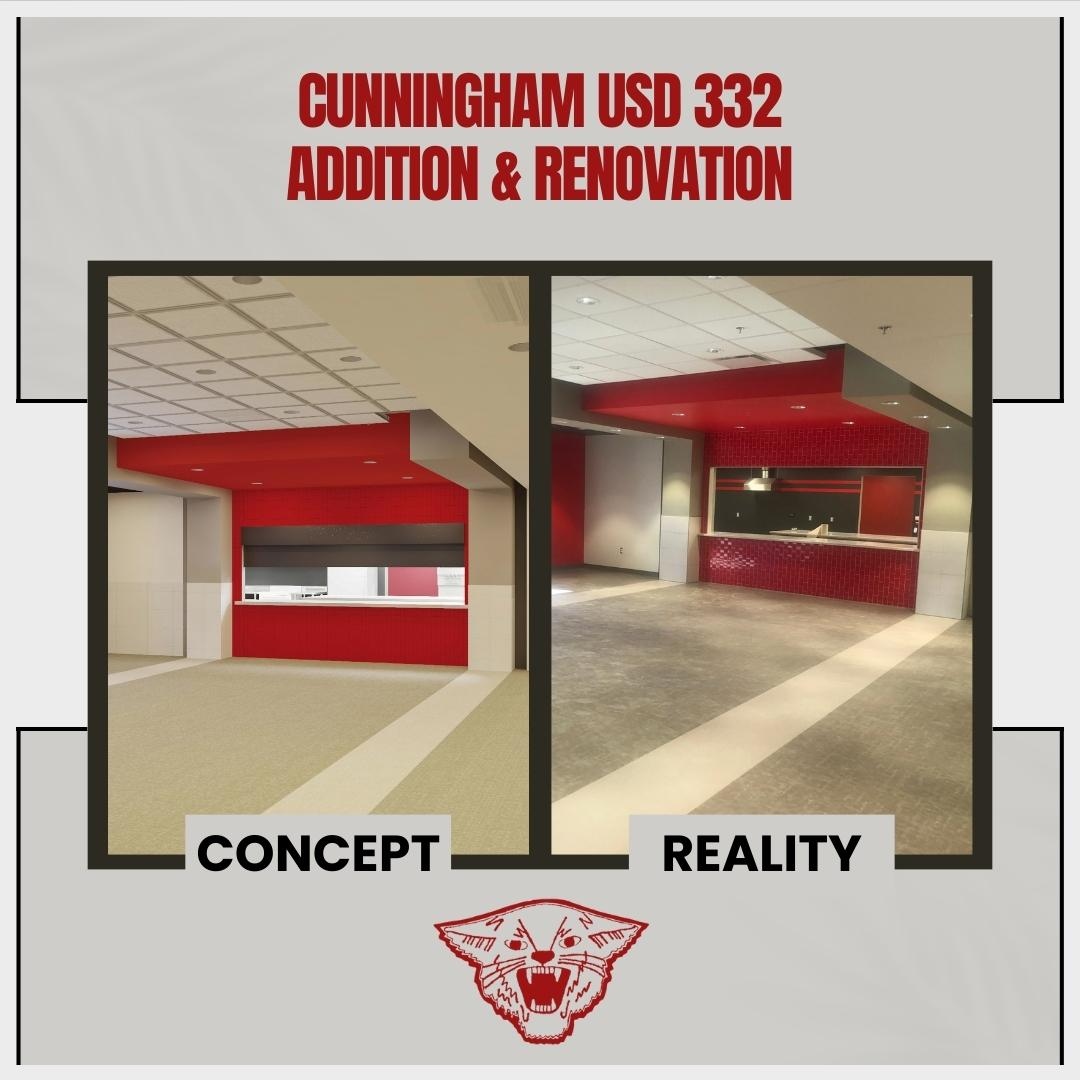 Here is a finish update at Cunningham USD 332! The new lobby area and the new concession stand are looking very classy! To the left, you can see our conceptual computer-generated image and to the right, you see a real-life photo! We are in love!😍 

Stay tuned for more updates!