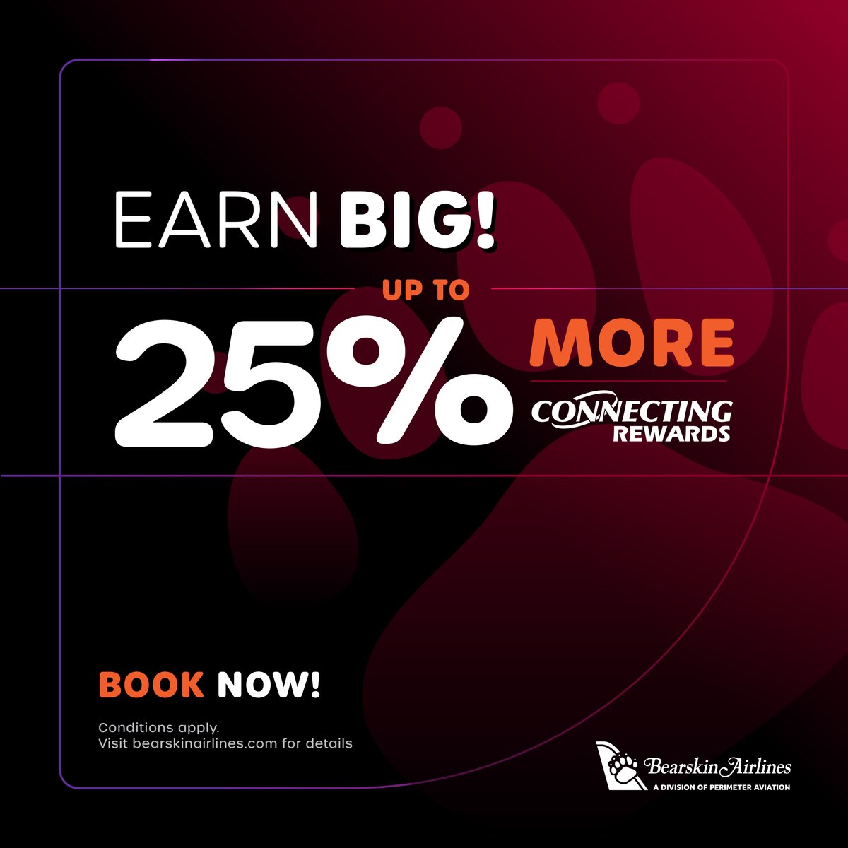 ✈️ Save up to 70% off the full fare when you book 10 days in advance for travel Nov 27, 2023 -Jan 15, 2024. Sale ends Dec 3, 2023. Collect up to 25% more Connecting Rewards on every seat sale fare purchased between Nov 17-Dec 3, 2023.  Visit bearskinairlines.com for details