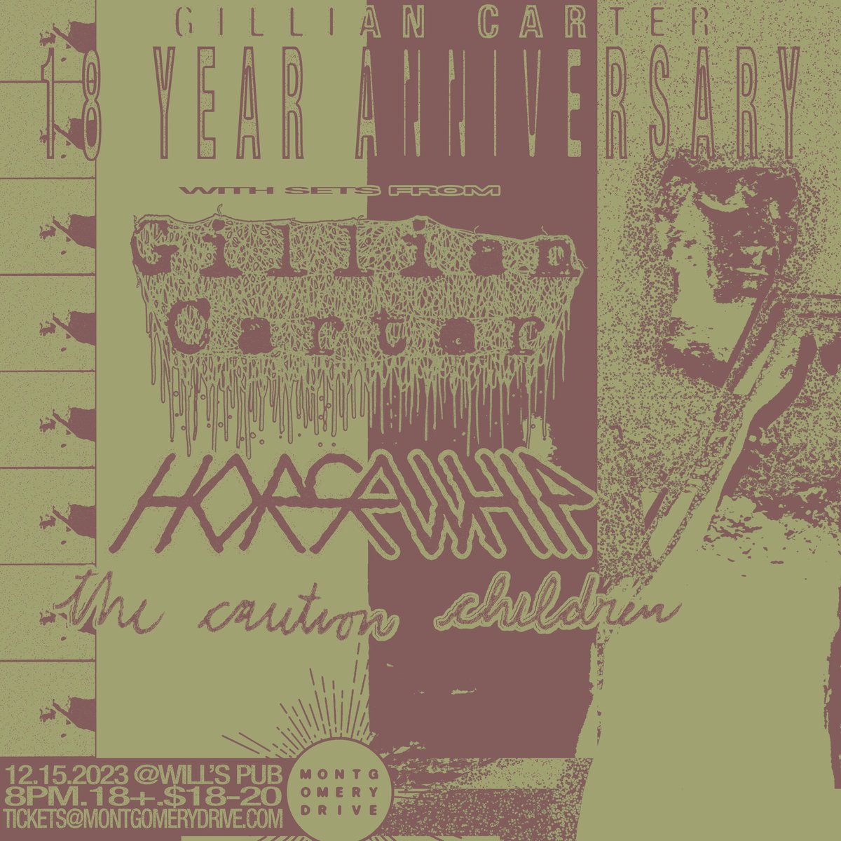 MontgomeryDrive's tweet photo. Just Announced 😱

@xGillianCarterx 18 Year Anniversary at @WillsPub on Friday, December 15th, 2023 with Special Guests Horsewhip and The Caution Children.

Flyer By: @SketchPatrol

🎟  https://t.co/jm0r1quwYj https://t.co/wrEqieWGZx