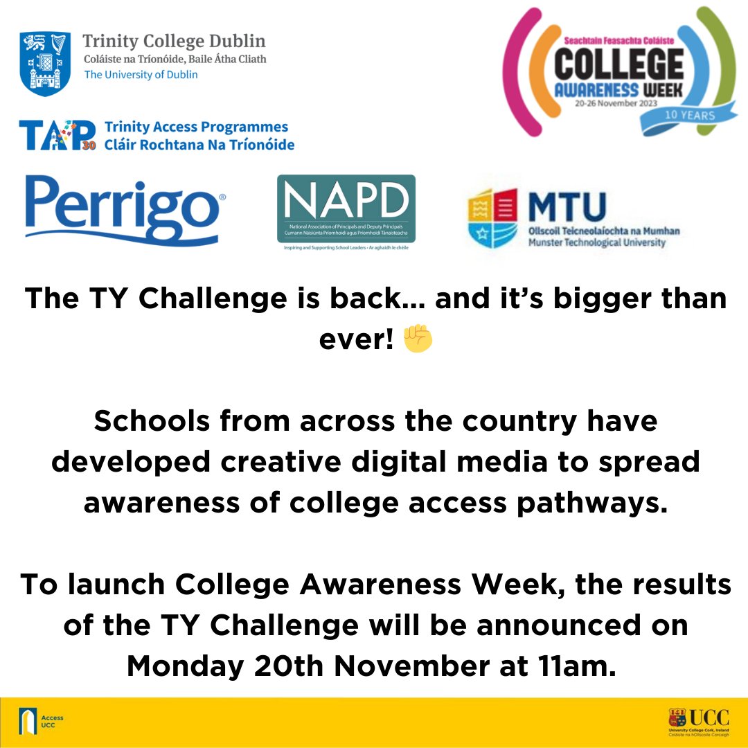 Access_UCC's tweet photo. Join Access UCC, MTU Access Service and the Trinity Access Programme for the 10th Year of College Awareness Week! #CAW23 is running on Monday 20th November 2023, and will include the #TYChallenge23 Finals!
To learn more please visit https://t.co/6EX6WC4YVh. https://t.co/OEW3hKfsit