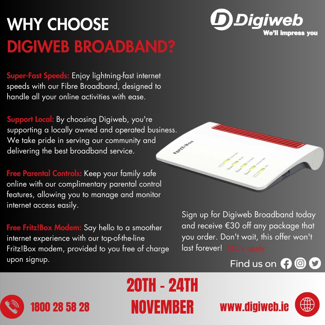 Digiweb_Ireland's tweet image. 🌟 𝐁𝐥𝐚𝐜𝐤 𝐅𝐫𝐢𝐝𝐚𝐲 𝐎𝐟𝐟𝐞𝐫 🌟

Ready for a deal that will light up your Black Friday? 🎉Enjoy a fantastic €30 off any package when you order between November 20th-24th. 🚀💸

Just another reason to join Irelands top rated ISP ⭐⭐⭐⭐⭐

#digiweb #blackfriday #deal