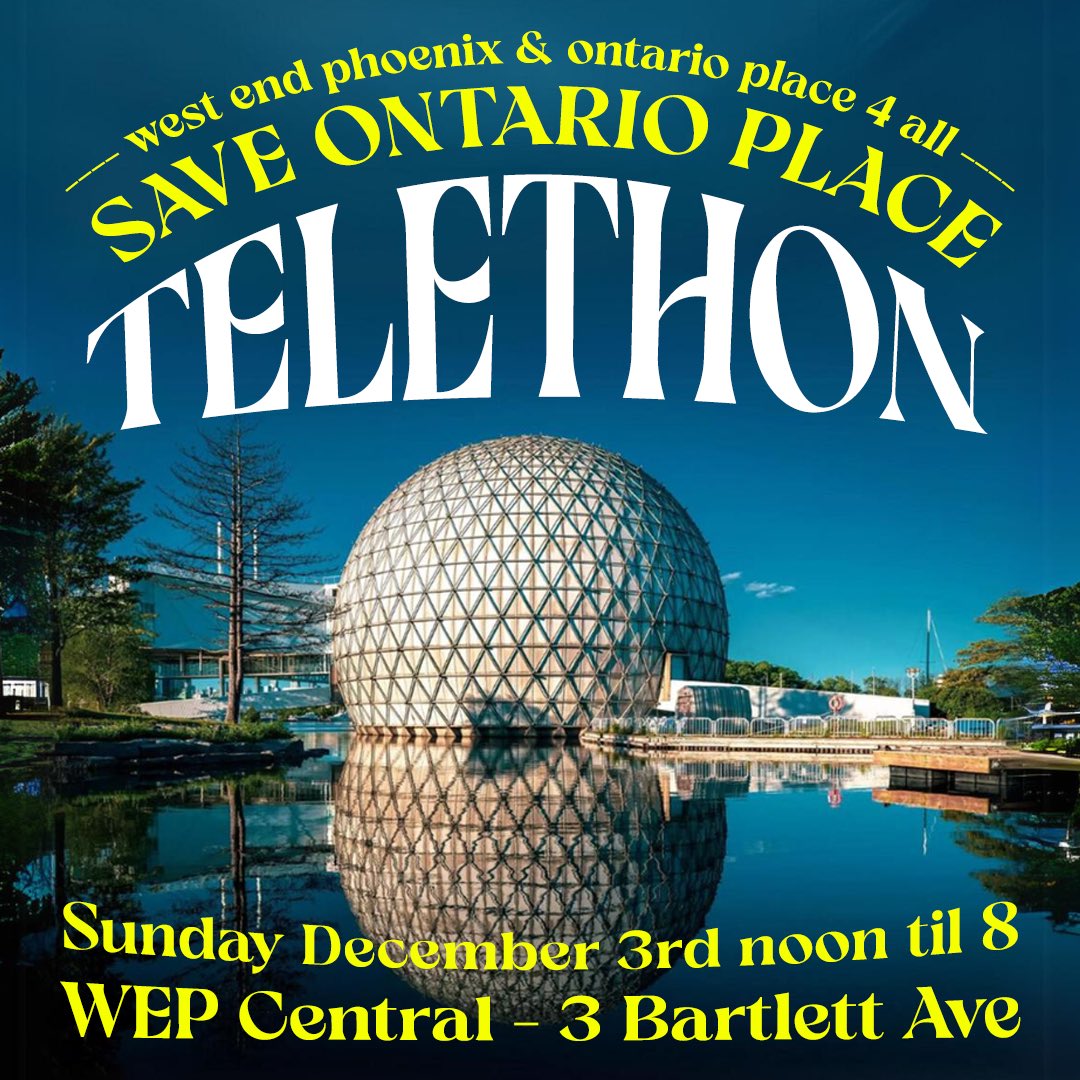 westendphoenix's tweet photo. ANNOUNCEMENT!! We are teaming up with @ONPlace4All on Dec 3rd to bring you an all day telethon in opposition to the proposed spa development at Ontario Place. Mark your calendars!

More details coming next week! https://t.co/dhiFUbfwqp