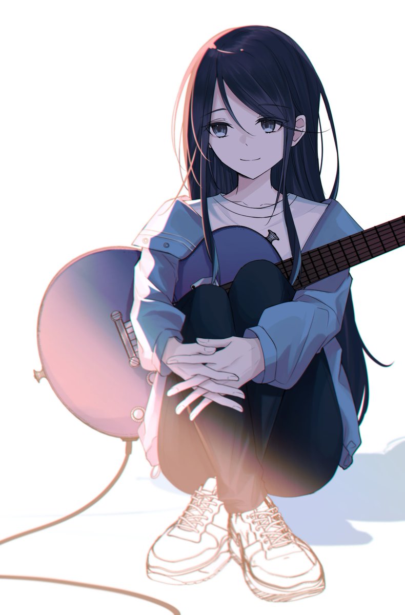 1girl guitar sneakers solo shoes instrument black hair  illustration images