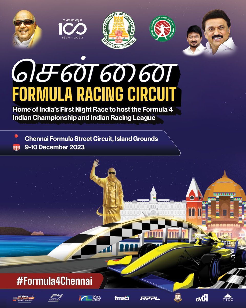 Udhaystalin's tweet photo. The Sports Development Authority of Tamil Nadu is thrilled to announce the India’s first-ever Formula Night Street Race, right here in Chennai. Spanning a 3.7km Circuit around the iconic Island Grounds, this racing track will pave the way for the Chennai Formula Racing Circuit. 

This ground-breaking event will showcase the Formula 4 Indian Championship, featuring 12 skilled drivers from around the globe, alongside the Indian Racing League having 24 drivers, including six talented women racers distributed across six teams. Get ready to witness history in the making as the streets of Chennai come alive with racing extravaganza on December 9 th & 10th.
@SportsTN_ @Atulyamisraias
#MeghanathaReddyIAS #Formula4Chennai