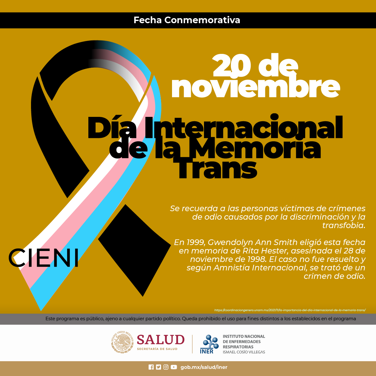 cienimx's tweet photo. Día Internacional de la Memoria Trans

Recordamos a personas víctimas de crímenes de odio causados por la discriminación y la transfobia

#20N #LGBTQIA #CIENI 
@RespiraINER @SSalud_mx 

https://t.co/8gDMebdqan https://t.co/dPvAeR90WJ