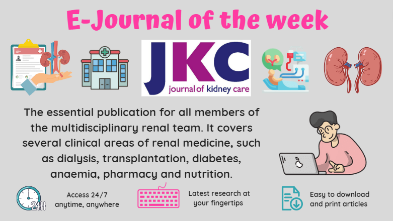 LancsHospLib's tweet photo. π₯ππ₯οΈ E-JOURNAL OF THE WEEK π₯οΈππ₯
The Journal of Kidney Care reflects the multidisciplinary nature of kidney care and is aimed at all staff specialising in this field, from doctors to dieticians. Access today with OpenAthens π https://t.co/d9qunEvxRN #LTHTrEJournaloftheWeek https://t.co/aMB6VmDo2x