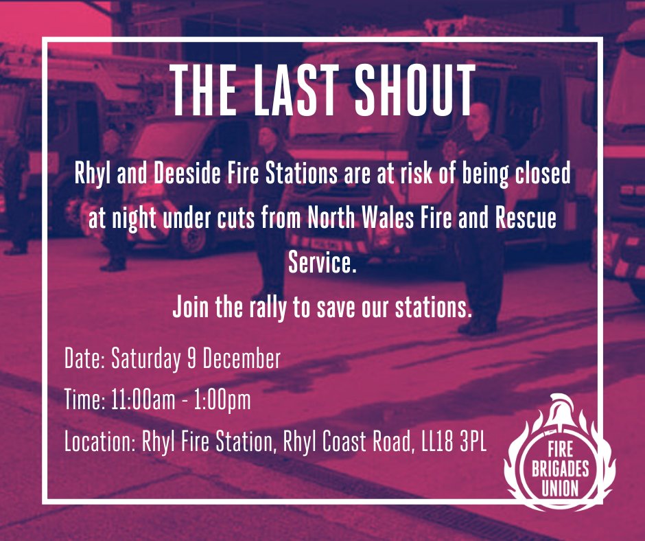 ❌Two fire stations in North Wales face being CLOSED at night if cuts to the fire service go ahead. Join firefighters taking a stand for public safety. 🕚 11am - 1pm 🗓️ Saturday 9 December 📍 Rhyl Fire Station, Rhyl Coast Road, LL18 3PL