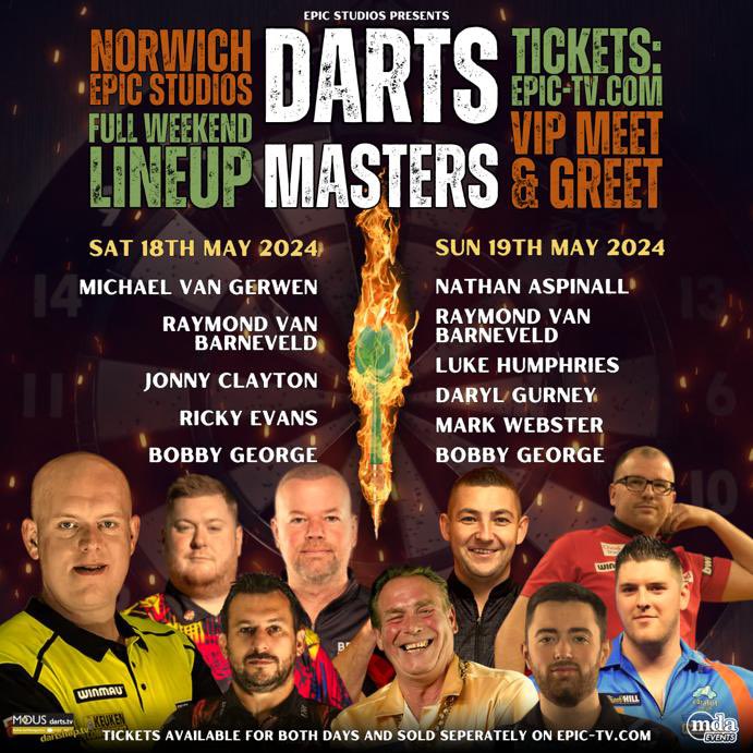 Double the action 🎯 Double the Fun @EPICNorwich hosts Darts Masters across two nights in May 2024! Book Here 🎟️ dartshop.tv/norwich/
