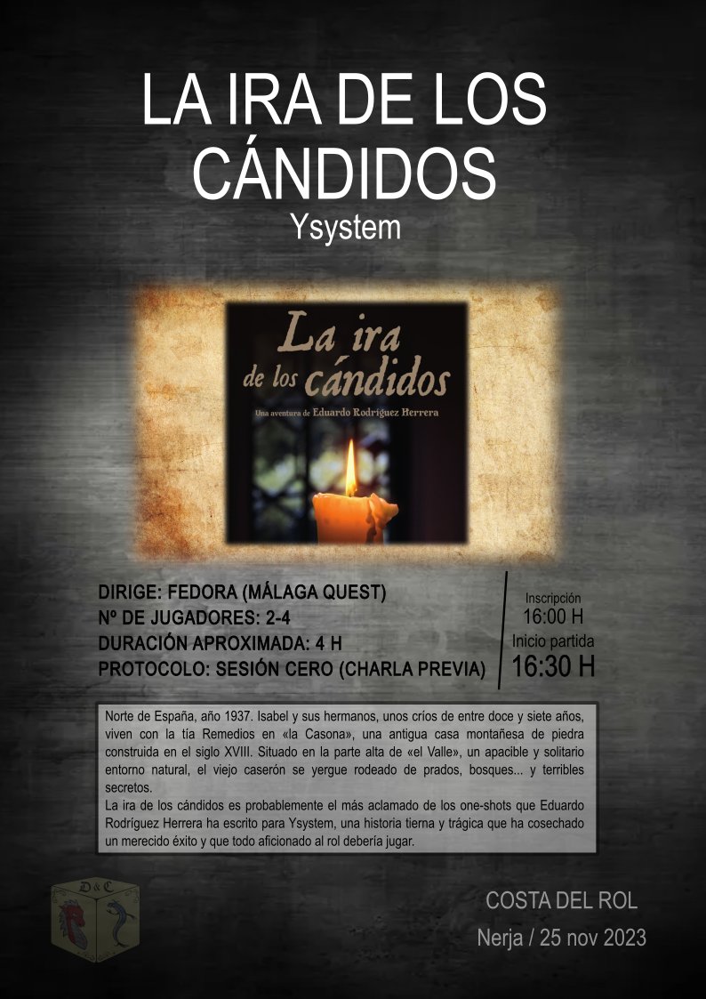 Aquí os dejamos 2 de las partidas que podréis jugar el próximo día 25 en la COSTA DEL ROL. Estad atentos si queréis conocer el resto de partidas. ¡No te lo pierdas!