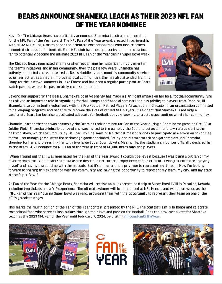 ChicagoRPFPC's tweet image. Congratulations to longtime RPFPC/NFLPA Chicago Chapter volunteer, Shameka Leach, on being selected by the Chicago Bears as their Fan of the Year and is their nominee for NFL fan of the year!! Thank you for all that you do for our organization! 

#RPFPC #NFLPAChicago #Bears