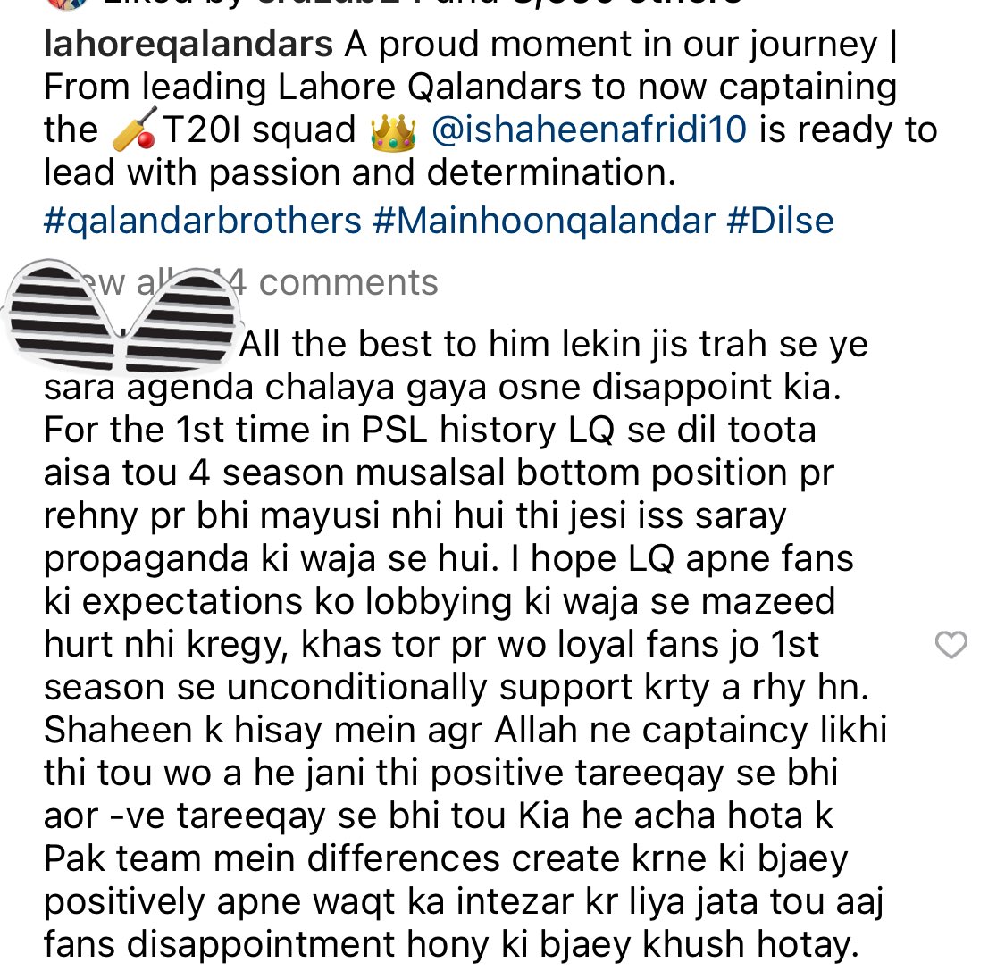 _KirkitShirkit's tweet photo. Lahore Qalandars ne Insta pr ye comment remove krdiya. Thanks to Screenshot I can post it here😁 Difference of opinion aor Freedom of speech sirf Rules books mein likhay k liye thy? 
P.S. I’m a LQ Fan since season 1 &amp; I’m still a fan but disappointed..

 #BabarAzam #ShaheenAfridi https://t.co/1vK85cSf1o