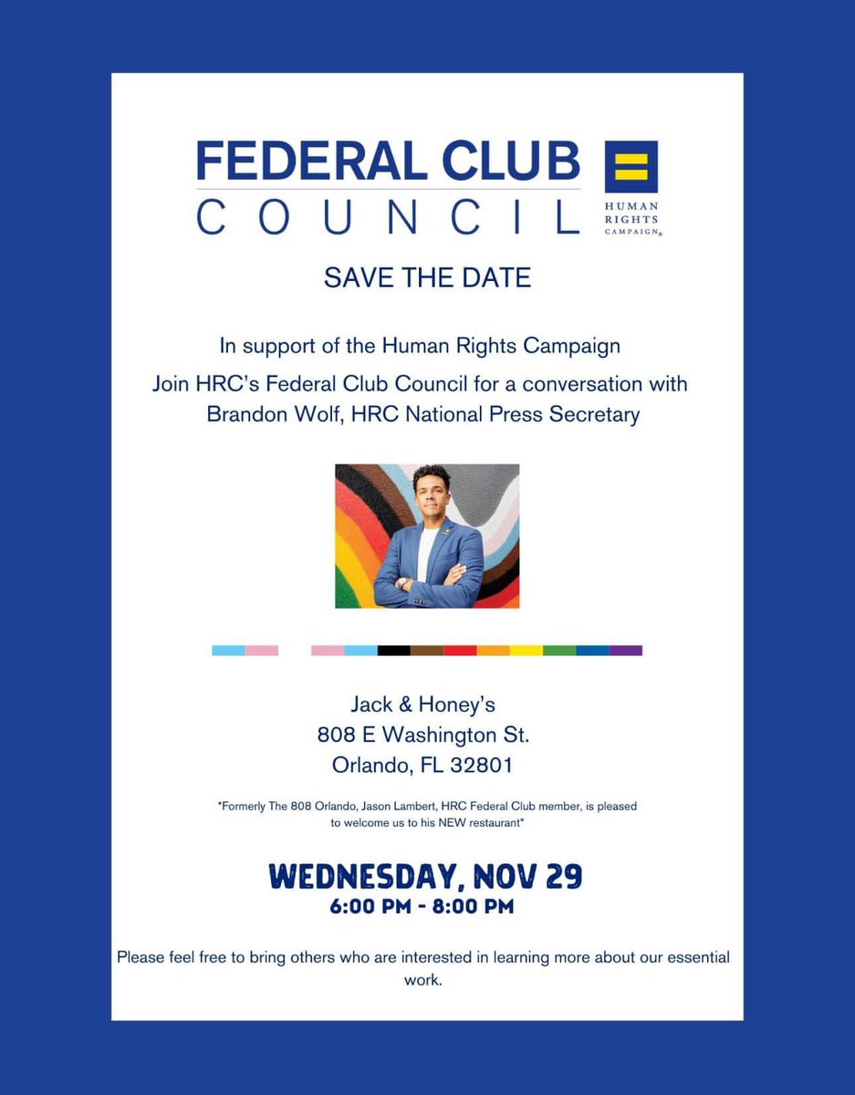 RyanForEQUALITY's tweet photo. ORLANDO November 29th join @HRC federal club council in conversation with HRC National press secretary @bjoewolf
RSVP here! https://t.co/XwHLck0bxL
@hrc_orlando
#WithoutException #SayGay #SayTrans https://t.co/wppsDSWTAg