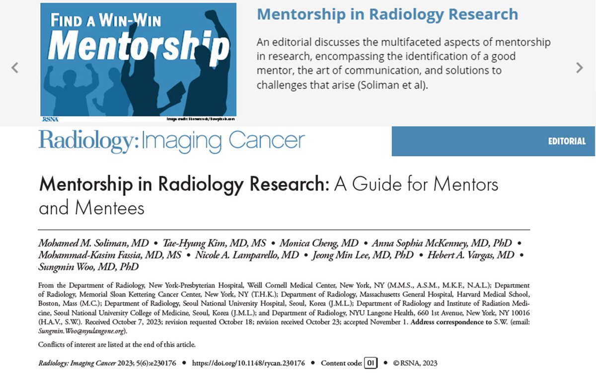 ๐๐ฎ๐ง๐ ๐ฆ๐ข๐ง ๐๐จ๐จ, ๐๐ ๐๐ก๐ (@swoo_rad) on Twitter photo Interested in mentorship in radiology research?
Check out our editorial in <a href="/radiology_rsna/">Radiology</a> #imaging #cancer led by <a href="/MoSolimanMD/">Mohamed Soliman, MD</a> on finding mentors, establishing successful relationships, and challenges mentees face!
shorturl.at/adeAD
<a href="/MonicaCheng_/">Monica Cheng, MD</a> <a href="/NYUImaging/">NYU Langone Health Department of Radiology</a> #radres Interested in mentorship in radiology research?
Check out our editorial in <a href="/radiology_rsna/">Radiology</a> #imaging #cancer led by <a href="/MoSolimanMD/">Mohamed Soliman, MD</a> on finding mentors, establishing successful relationships, and challenges mentees face!
shorturl.at/adeAD
<a href="/MonicaCheng_/">Monica Cheng, MD</a> <a href="/NYUImaging/">NYU Langone Health Department of Radiology</a> #radres