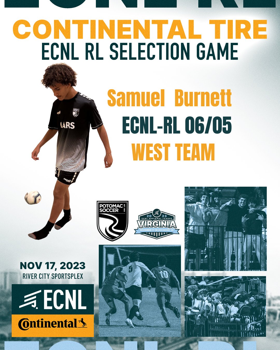 Potomac Soccer Association on X: Good luck to PSA's Samuel Burnett (ECNL-RL  20062005) who will be representing the West Team at tonight's CONTINENTAL  TIRE ECNL Regional League Selection Game! The match, which