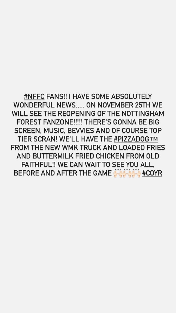 workingmanskitchen (@wmkstreetfood) on Twitter photo #NFFC Fans!! I have some absolutely wonderful news..... on November 25th we will see the reopening of the Nottingham Forest Fanzone!!!!! #coyr #fanzone #nffcfamily #youreds #pizzadog™️ <a href="/NFFC/">Nottingham Forest</a> #NFFC Fans!! I have some absolutely wonderful news..... on November 25th we will see the reopening of the Nottingham Forest Fanzone!!!!! #coyr #fanzone #nffcfamily #youreds #pizzadog™️ <a href="/NFFC/">Nottingham Forest</a>