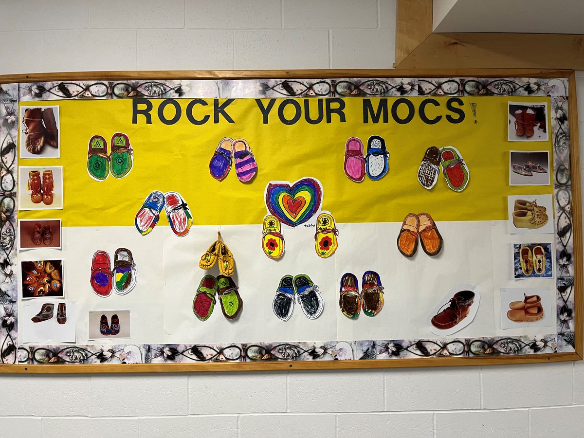 MatawaFNM's tweet photo. #rockyourmocs2023 in Constance Lake First Nation. This student work display board is from the school's Grade 2/3 class. They were told stories about the days when their mooshooms' and kookums' wore this footwear exclusively. Photo credit: Florrie Sutherland, Cultural Teacher. https://t.co/r5SuaEsp0V