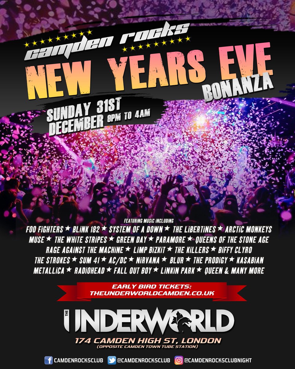 CamdenRocksFest's tweet photo. 𝐎𝐍 𝐒𝐀𝐋𝐄 𝐍𝐎𝐖 💥🎊 The hottest ticket in Camden Town to wrap up 2023... join us for the @CamdenRocksClub #NewYearsEve Bonanza! Down in @TheUnderworld spinning alt-rock anthems through to 4am, this one always sells out.

Get your tickets ➡️ https://t.co/qUxICth3jp https://t.co/3VLjo5xiXB