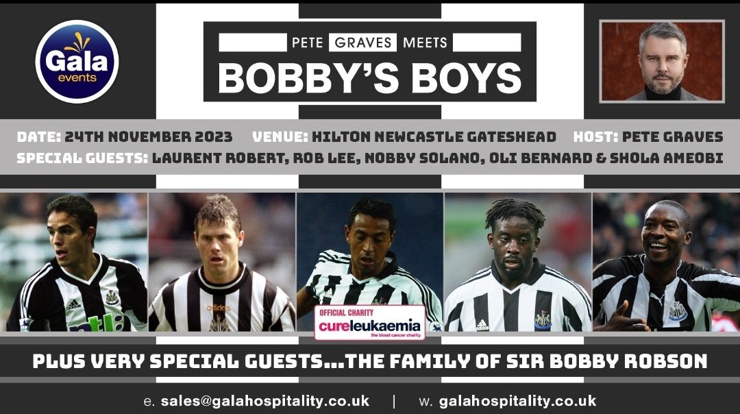 🚨 ONE WEEK UNTIL... Laurent Robert, Rob Lee, Nobby Solano, Oli Bernard, Shola Ameobi. #BobbysBoys reunited in a night of #nufc celebration and memories. We've added some extra tables today! Book now 👉👇galahospitality.co.uk/event/pete-gra…