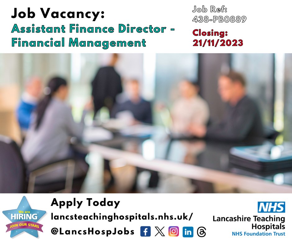 Job Vacancy: Assistant Finance Director - Financial Management @LancsHospitals 

⏰Closes: 21/11/2023

Read more and apply: lancsteachinghospitals.nhs.uk/join-our-workf…

#NHS #NHSjobs #healthcare #Finance #FinanceJob #FinancialManagement #Financial #Lancashire #Preston #FinanceDirector @LTHTRFinance