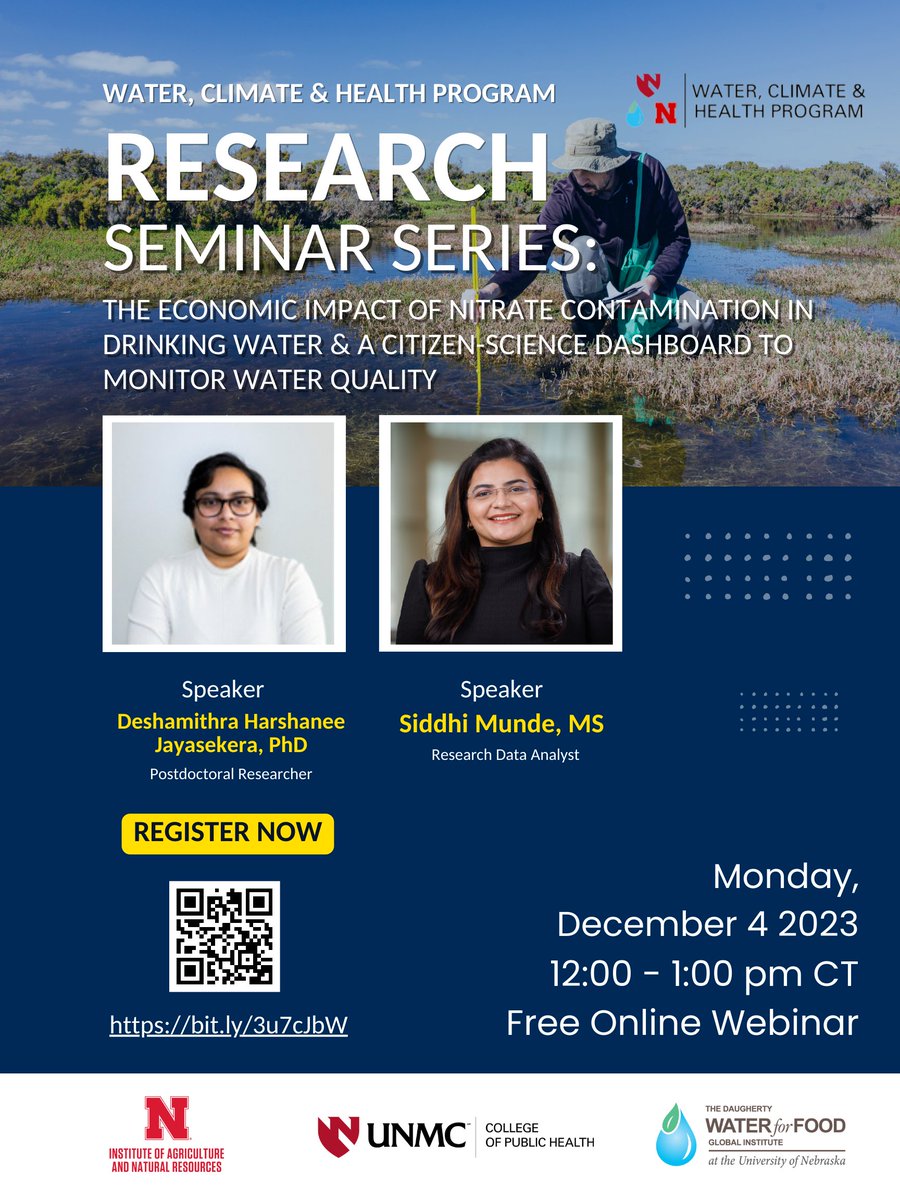 The December Research Seminar Series is coming up on Dec. 4th at noon! 🌎 This installment features researchers Dr. <a href="/HarshaneeJ/">Harshanee Jayasekera</a> and <a href="/siddhi_munde/">Siddhi Munde</a> highlighting the economic impacts of water quality and ways to help monitor across the state.

Sign up here ➡️ bit.ly/3u7cJbW