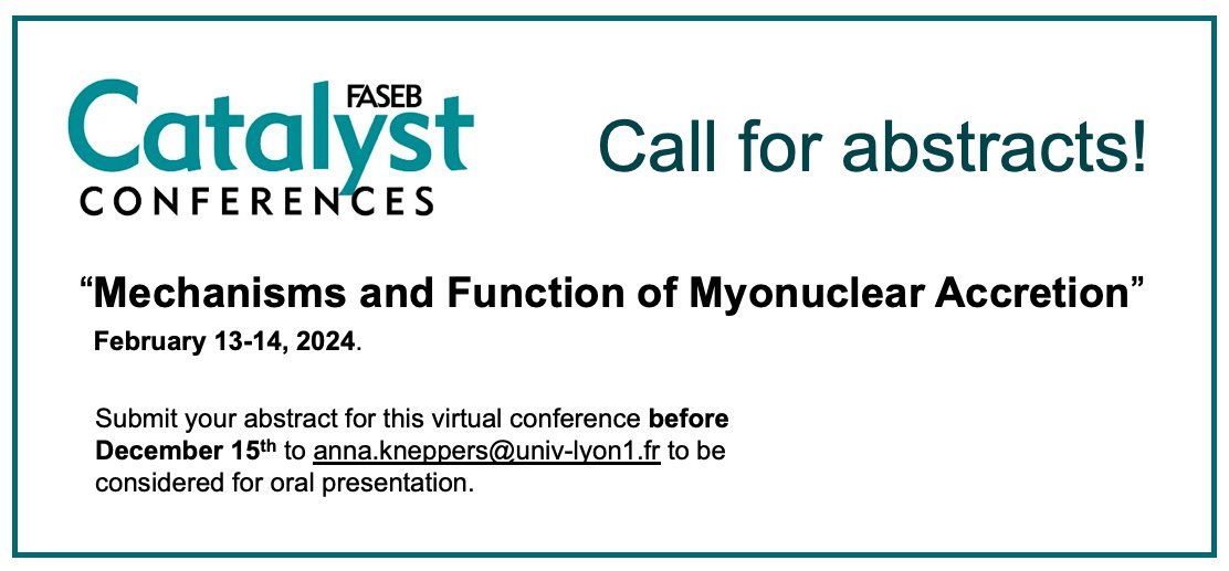 Anita Kneppers (@anitaknep) on Twitter photo Excited to announce the second online FASEB Catalyst Conference on Myonuclear Accretion! Hosted by <a href="/doug_millay/">Doug Millay</a> and I on Feb. 13-14th, 9am-1pm (ET). Registration via faseb.org/meetings-and-e….
Send your abstract before Dec. 15th to be considered for oral presentation! Excited to announce the second online FASEB Catalyst Conference on Myonuclear Accretion! Hosted by <a href="/doug_millay/">Doug Millay</a> and I on Feb. 13-14th, 9am-1pm (ET). Registration via faseb.org/meetings-and-e….
Send your abstract before Dec. 15th to be considered for oral presentation!