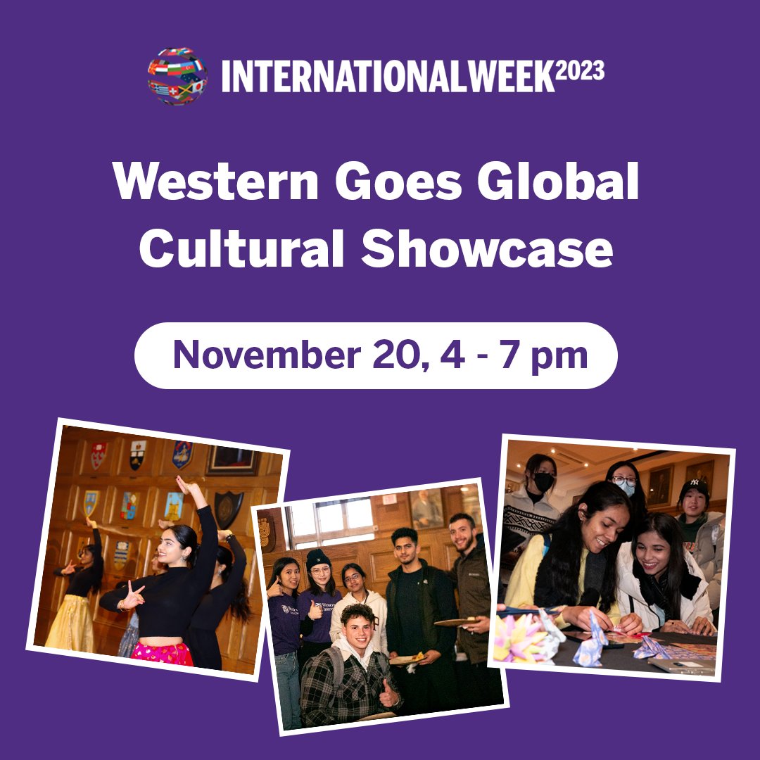 Have you registered yet for the #WesternU Goes Global Cultural Showcase, co-hosted by @westernusc? We'll be kicking off International Week with incredible cultural performances, activities and food! November 20, 4-7 pm in Mustang Lounge, UCC. Register at internationalweek.uwo.ca/events/western…