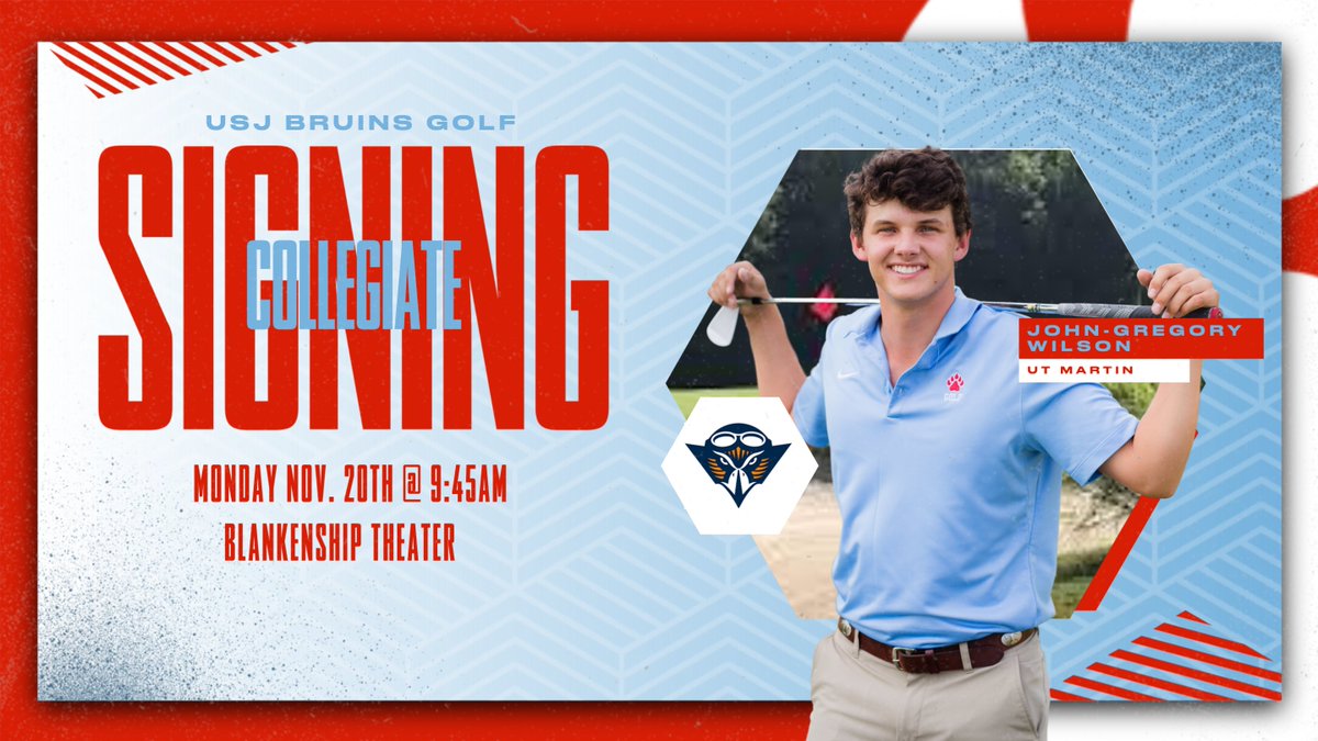 Congratulations to John-Gregory Wilson on his commitment to play golf at the University of Tennessee, Martin. 

Please join us on Monday, Nov. 20th at 9:45am in Blankenship Theater as he signs his letter of intent.