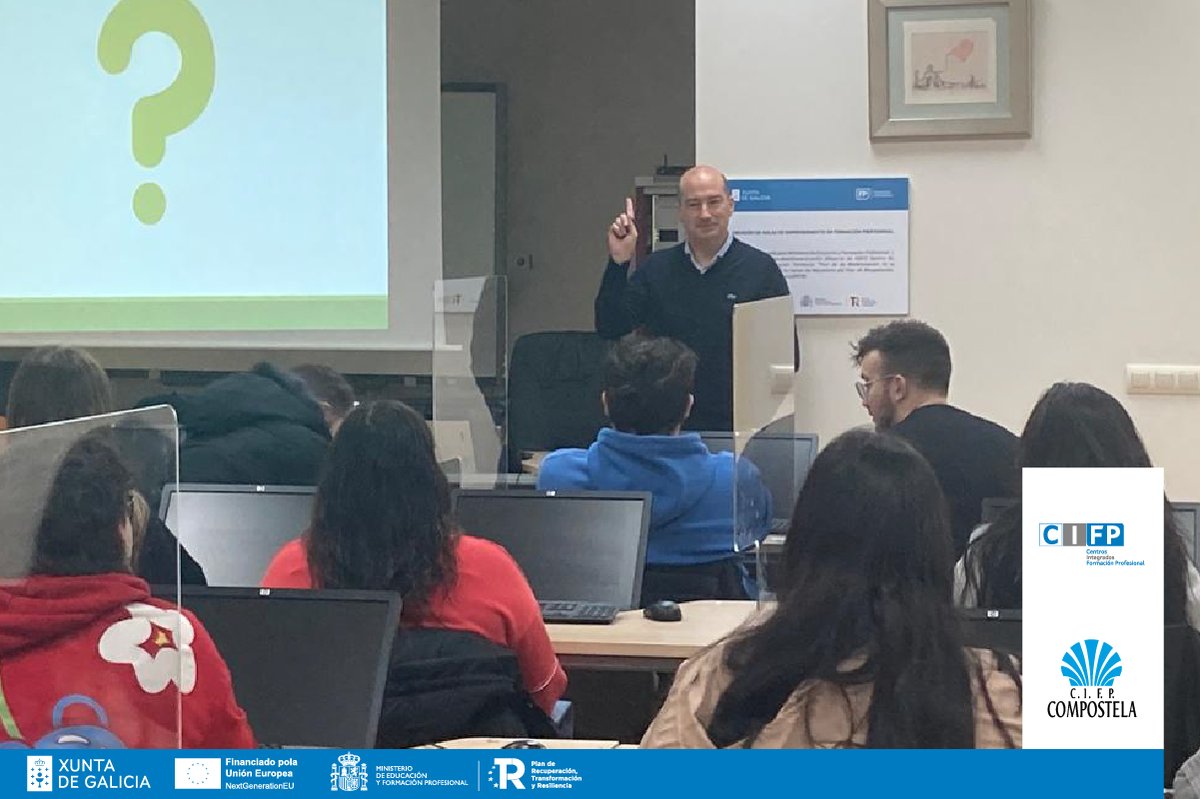 CIFPCOMPOSTELA's tweet image. 🗓️ Este luns, acollimos no CIFP un novo taller organizado pola nosa Aula de emprendemento e financiado polo Ministerio de Educación e Formación Profesional e pola Unión Europea-NextGenerationEU, sobre campañas publicitarias nas RRSS 📲 con Fernando Rodríguez De La Torre 🙌.