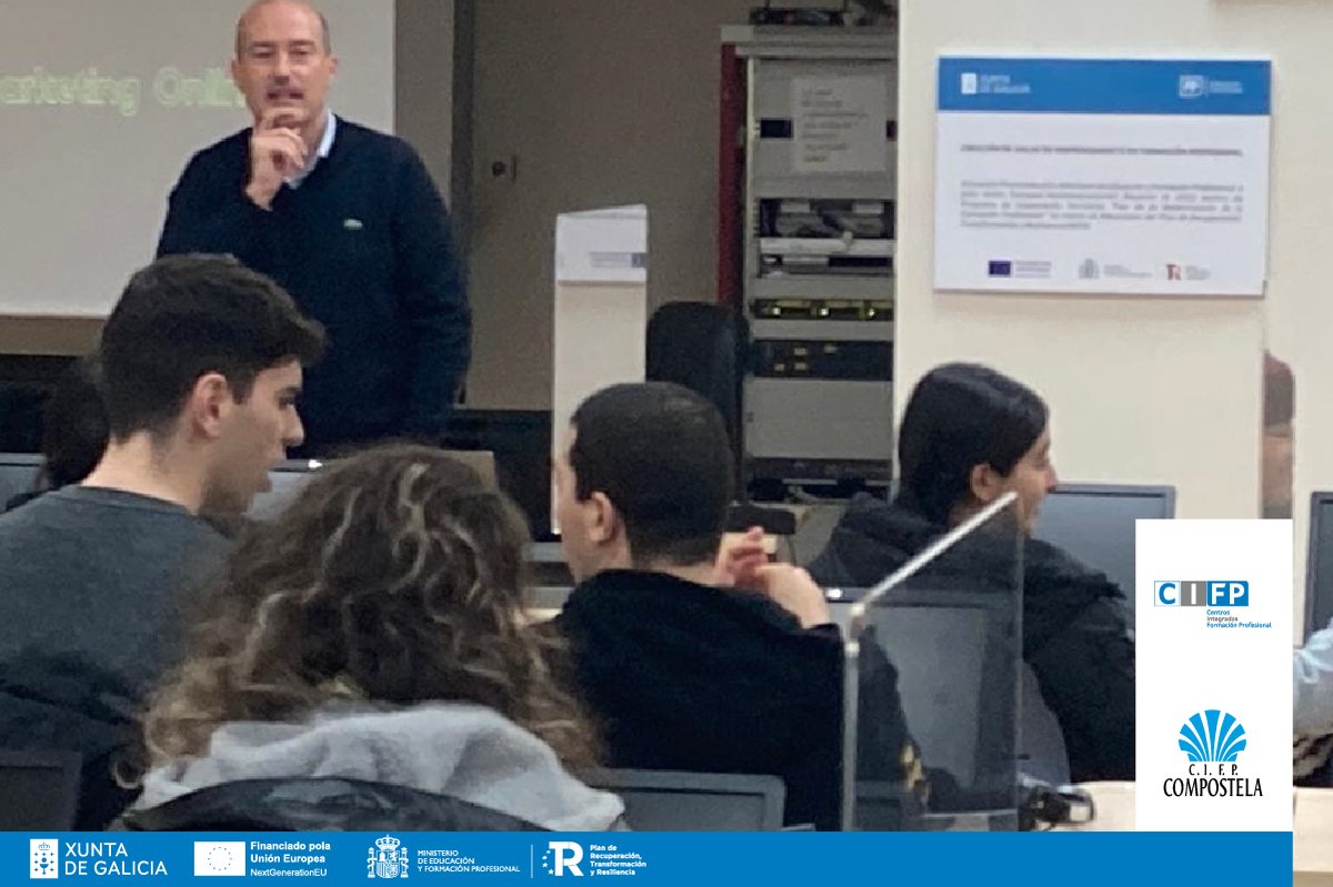 CIFPCOMPOSTELA's tweet image. 🗓️ Este luns, acollimos no CIFP un novo taller organizado pola nosa Aula de emprendemento e financiado polo Ministerio de Educación e Formación Profesional e pola Unión Europea-NextGenerationEU, sobre campañas publicitarias nas RRSS 📲 con Fernando Rodríguez De La Torre 🙌.