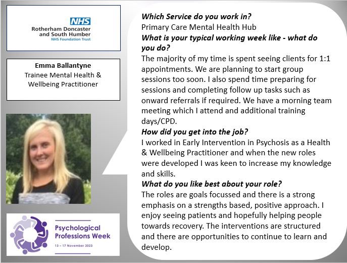 #PsychologicalProfessionalsWeek2023 showcasing the diversity of roles we have in the South Yorkshire Psychological Professional family. 4/17 Emma Ballantyne <a href="/rdash_nhs/">RDaSH NHS FT</a> Trainee MHWP . <a href="/NHSSYICB/">NHS South Yorkshire</a> <a href="/SheffChildrens/">Sheffield Children's</a> <a href="/SHSCFT/">Sheffield Health Partnership University NHS FT</a> <a href="/SheffieldHosp/">Sheffield Hospitals</a> <a href="/allofusinmind/">SouthWestYorkshire Partnership NHS FoundationTrust</a> <a href="/DBH_NHSFT/">Doncaster and Bassetlaw Teaching Hospitals</a> <a href="/RotherhamNHS_FT/">The Rotherham NHS FT</a>