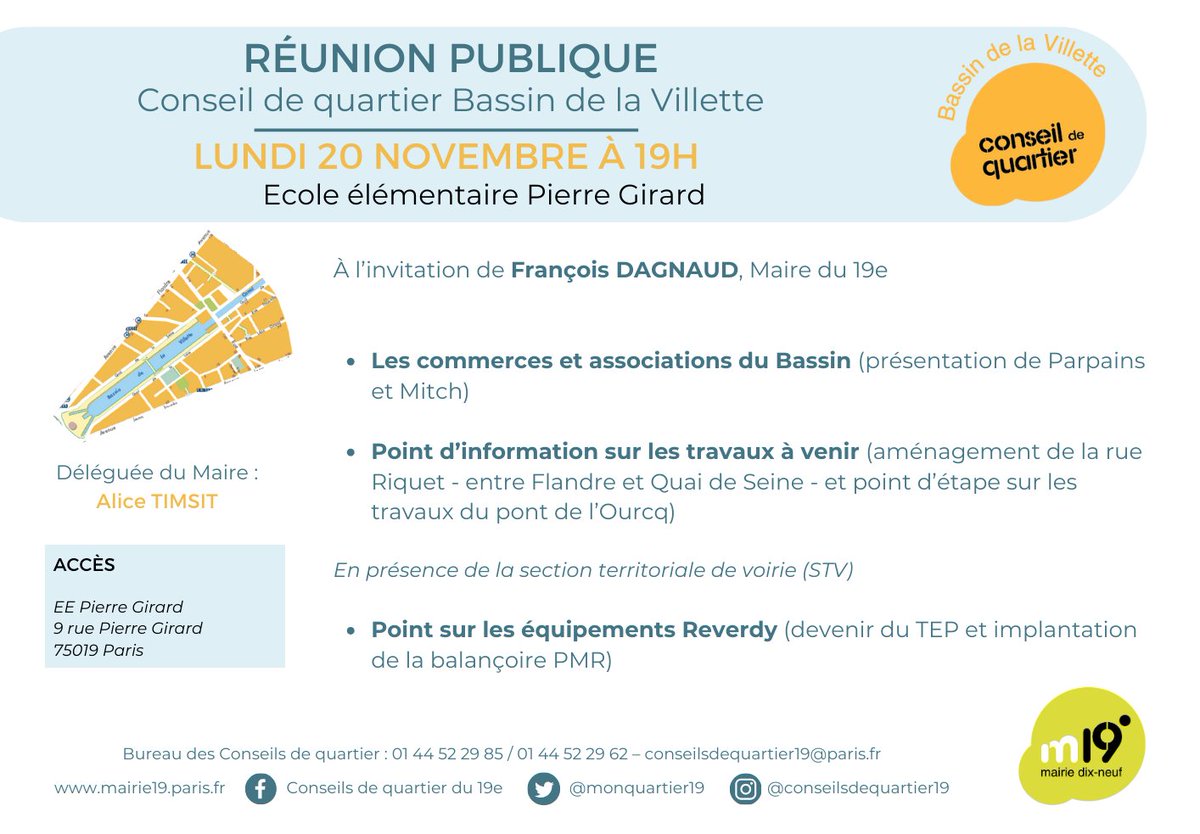 monquartier19's tweet photo. 📣 [RÉUNION PUBLIQUE] 
🗓 RDV le lundi 20 novembre à 19h pour la #reunionpublique du #conseildequartier #BassinDeLaVillette
📍École élémentaire Pierre Girard – 9 rue Pierre Girard
Plus de détails 👇🏻
#paris19 #participationcitoyenne #democratieparticipative #monquartier #quartier https://t.co/ONabjWnHOq