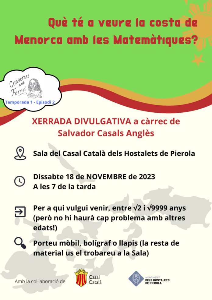 HoPierola's tweet photo. 🟦 Xerrada divulgativa “Què té a veure la costa de Menorca amb les matemàtiques”, a càrrec de Salvador Casals Anglès.

🗓  Dissabte 18 de novembre 19h
📍sala del Casal Català 
➡ https://t.co/WSdLg6MYXg

#hopierola #hostaletsdepierola #agenda #anoia https://t.co/2JoG5PIuD3