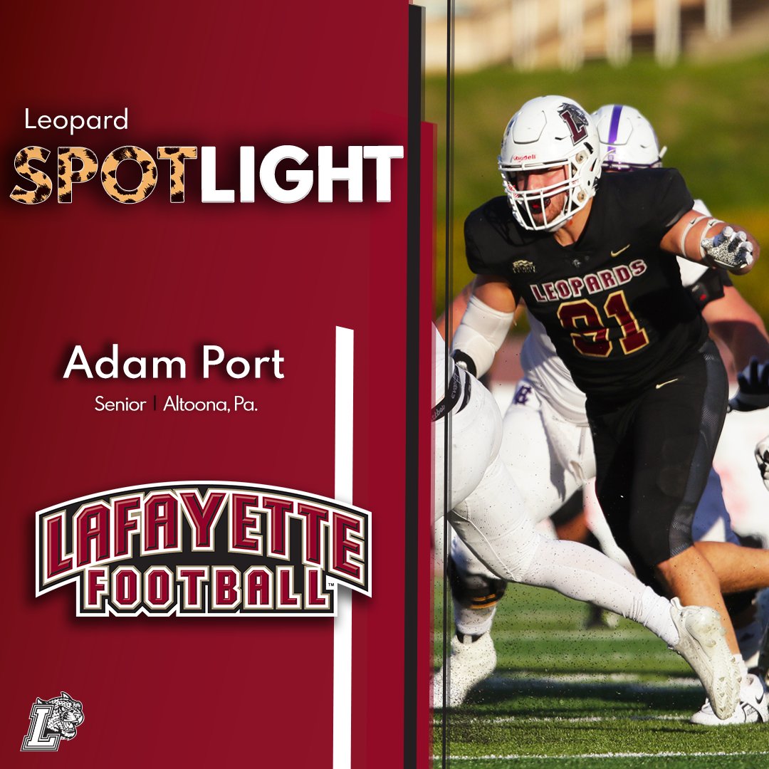 GoLeopards's tweet photo. Adam Port | Sr. | @LafColFootball 
Adam Port has played has been a solid contributor on the defensive line over his career. Port is a senior studying mathematics and will be doing an independent study with Professor Gaugler next fall, studying the tracking units used in athletics and how workload corresponds to in-game performance and injury prevention.

#RollPards
