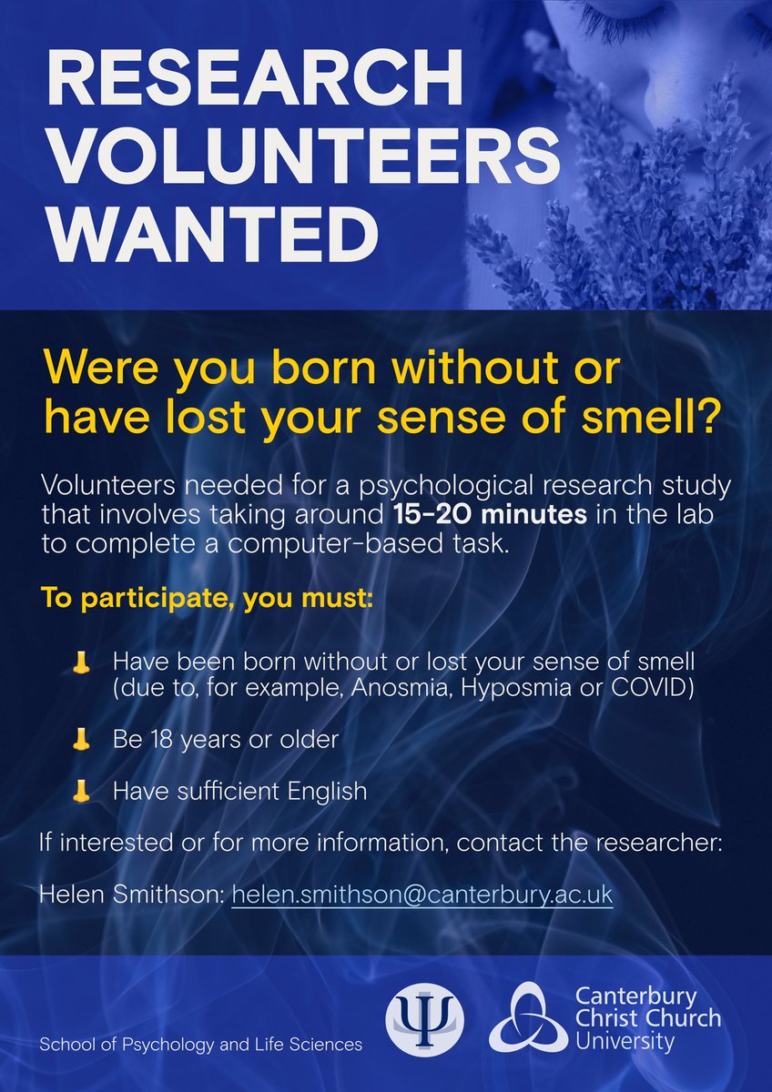 👃 Research participants wanted! Were you born without or have lost your sense of smell? Then please consider volunteering in a psychological research study run by our PhD researcher Helen Smithson. 

#CCCUPsychology #Cognitivepsychology #smell