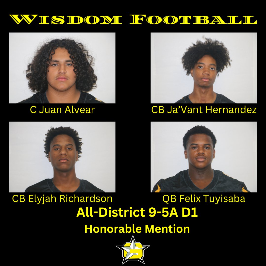 WisdomFB's tweet photo. Honorable Mention selections:
-Juan Alvear, center
-Ja'vant Hernandez, cornerback
-Elyjah Richardson, cornerback
-Felix Tuyisaba, quarterback https://t.co/K9mfkSD0Fg