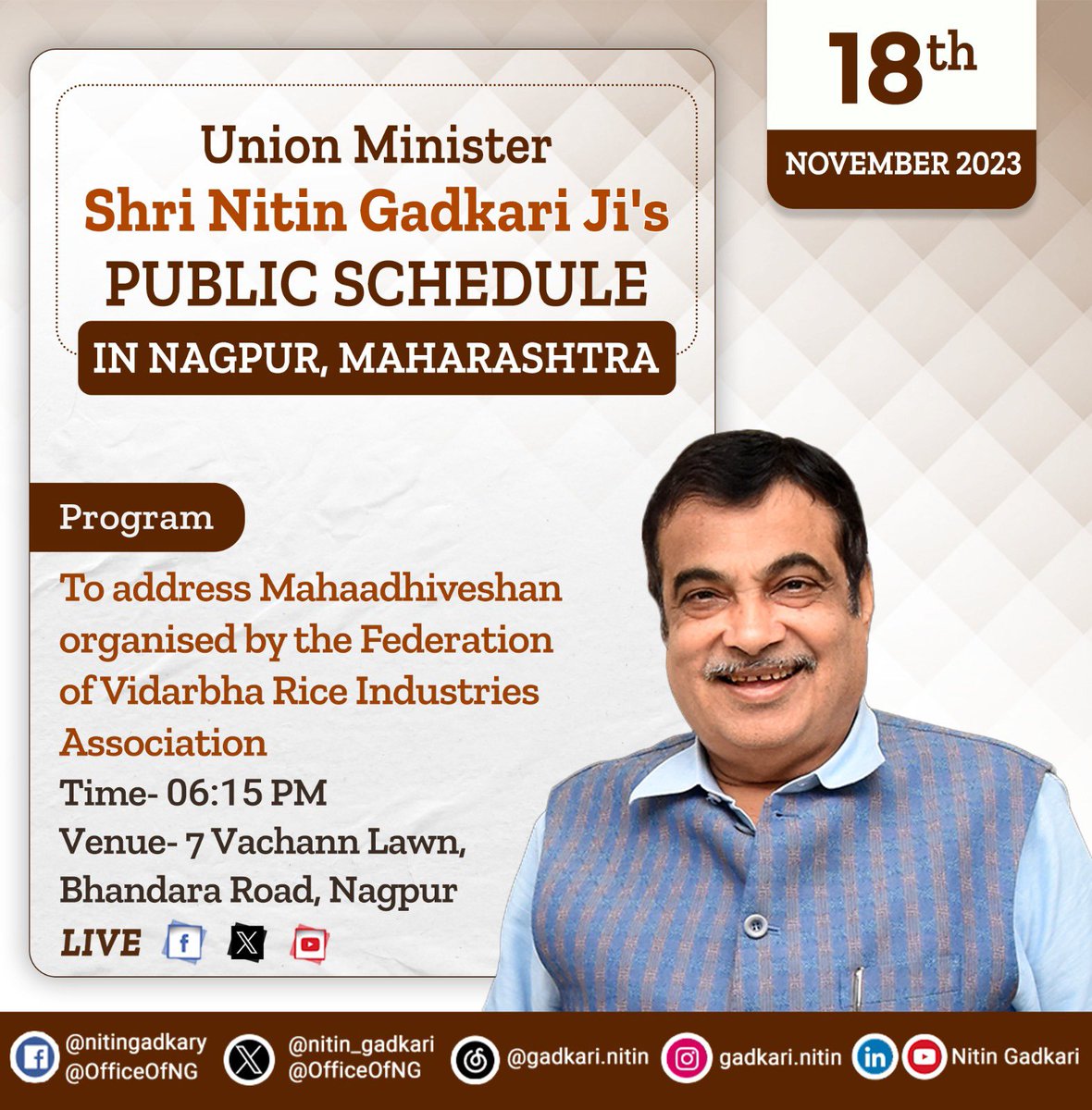 Union Minister Shri @nitin_gadkari Ji's public schedule for 18th November 2023.