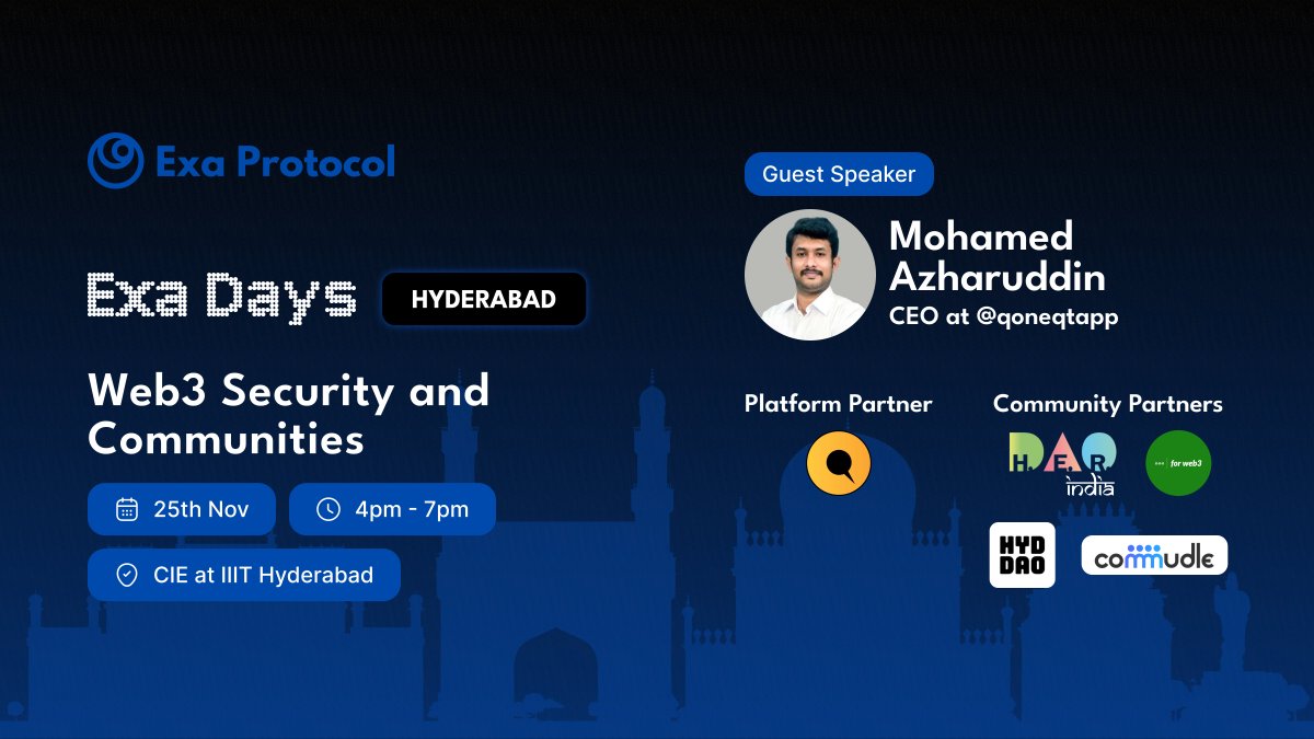 ExaProtocol's tweet photo. Gearing Up for Exa Days Hyderabad! ๐
Hi Exa Fam!
We're thrilled to announce our next stop in the Exa Days journey, and this time we're headed to the tech hub: Hyderabad! ๐
Signup here: https://t.co/oiq1E4sqCG https://t.co/2t8dOI8Xt2